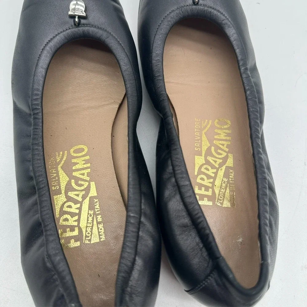 Vintage‎ Salvatore Ferragamo Gunmetal Black Leather Ballet Flats Women's 5.5 B